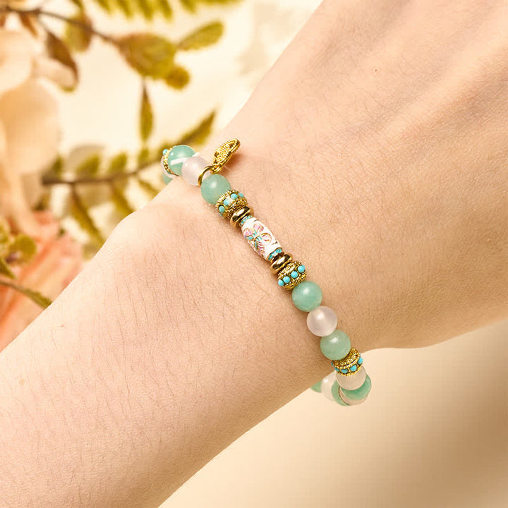 Buddha Stones Bracelet à perles rondes polies à la main en agate blanche amazonite émaillée et perles papillon - image 4