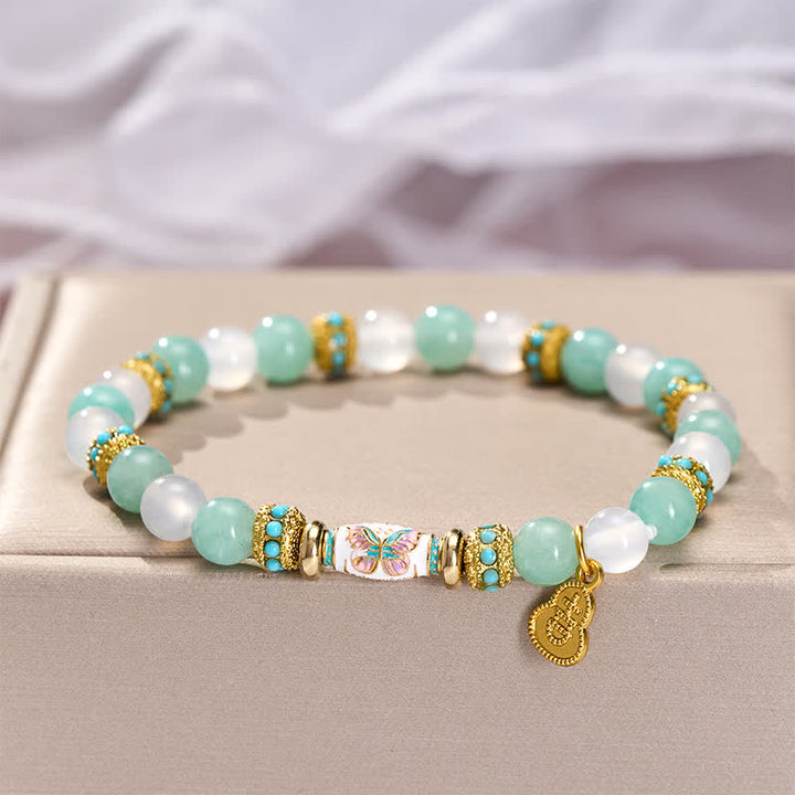 Buddha Stones Bracelet à perles rondes polies à la main en agate blanche amazonite émaillée et perles papillon - image 2