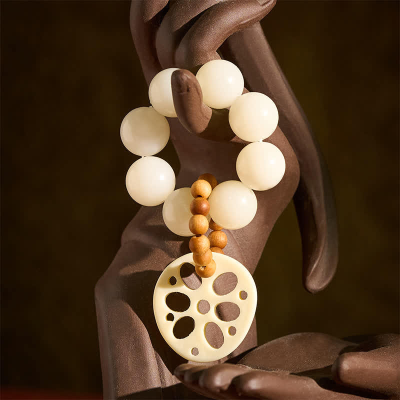 Buddha Stones Pendentif porte-bonheur en racine de lotus et graine de Bodhi blanche, perles de méditation tactiles - image 1