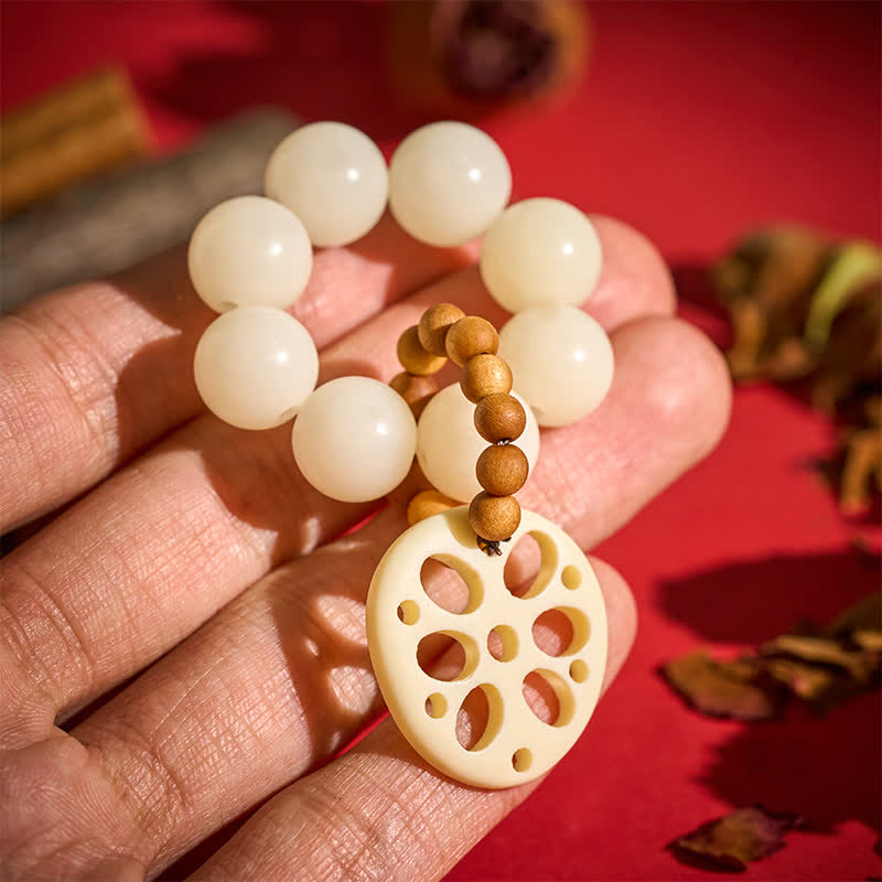 Buddha Stones Pendentif porte-bonheur en racine de lotus et graine de Bodhi blanche, perles de méditation tactiles - Graine de Bodhi blanche (Pureté ♥ Clarté) - image 0