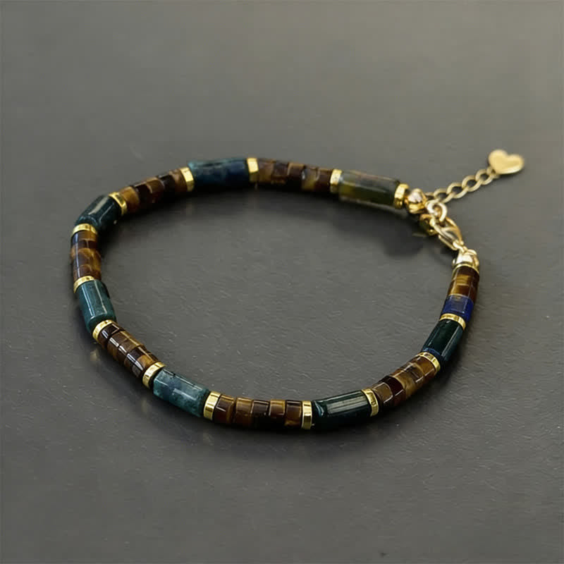 Bracelet de sagesse en Buddha Stones, lapis-lazuli, agate indienne et œil de tigre - Avec chaînette d'extension (tour de poignet : 20-22 cm) - image 1
