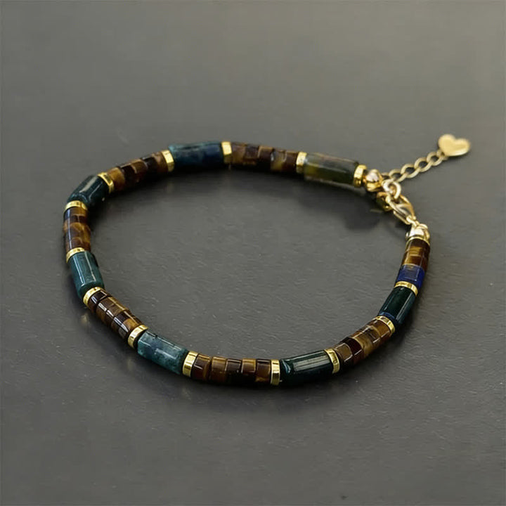 Bracelet de sagesse en Buddha Stones, lapis-lazuli, agate indienne et œil de tigre - Avec chaînette d'extension (tour de poignet : 20-22 cm) - image 1