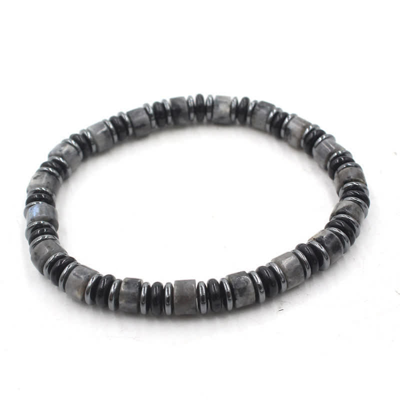 Buddha Stones Bracelet ethnique porte-bonheur en perles plates d'obsidienne noire et d'hématite polies à la main - Pierre à paillettes noires (Protection ♥ Ancrage) (Tour de poignet : 15-16 cm) - image 14