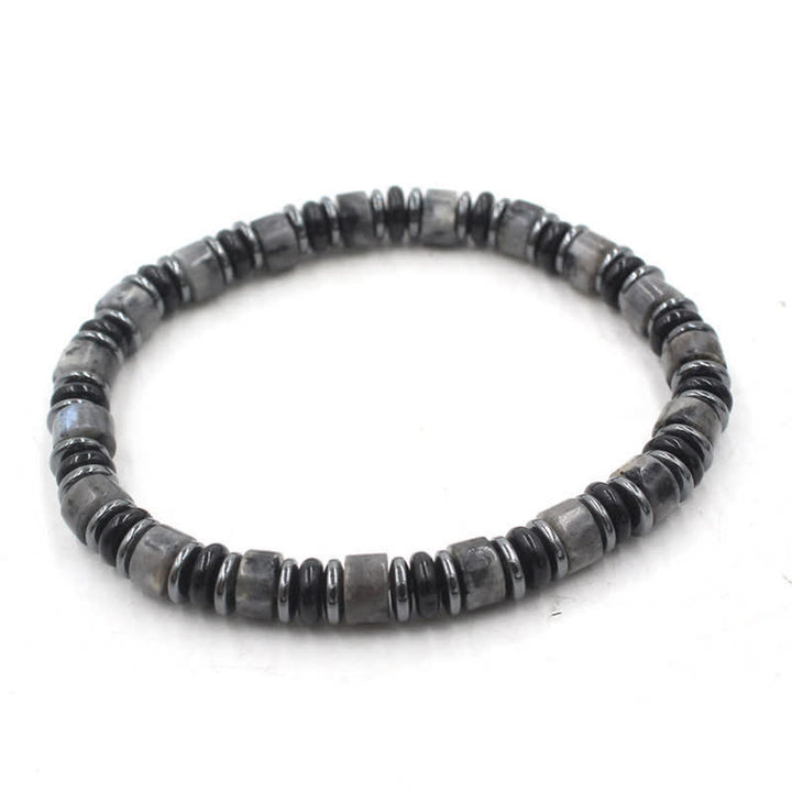 Buddha Stones Bracelet ethnique porte-bonheur en perles plates d'obsidienne noire et d'hématite polies à la main - Pierre à paillettes noires (Protection ♥ Ancrage) (Tour de poignet : 15-16 cm) - image 14