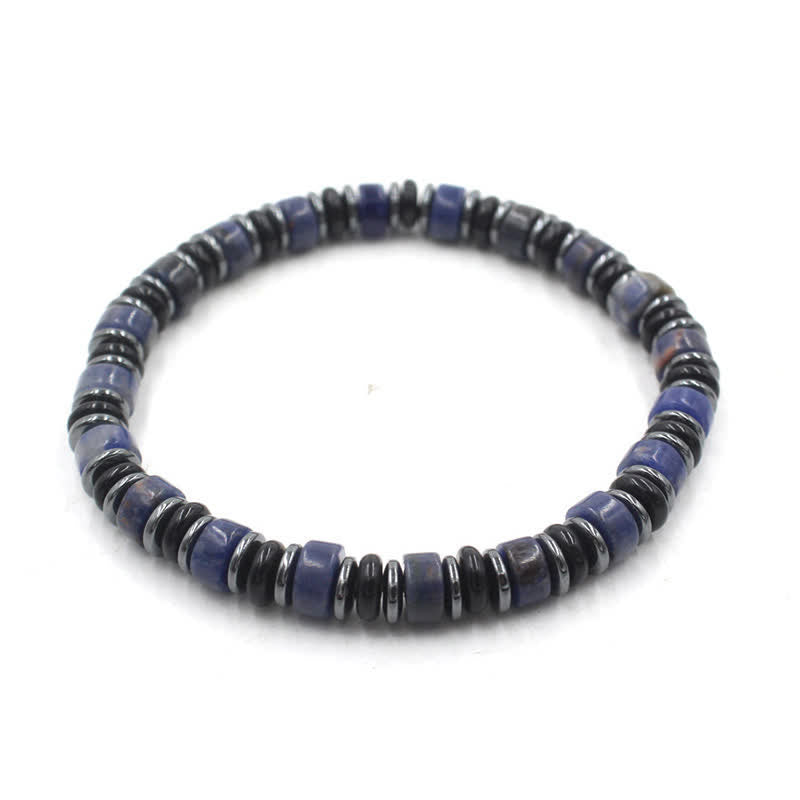 Buddha Stones Bracelet ethnique porte-bonheur en perles plates d'obsidienne noire et d'hématite polies à la main - Sodalite (Logique ♥ Vérité) (Tour de poignet : 15-16 cm) - image 3