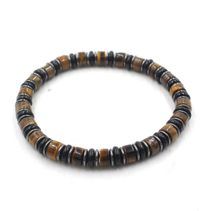 Buddha Stones Bracelet ethnique porte-bonheur en perles plates d'obsidienne noire et d'hématite polies à la main - Œil de tigre (Confiance ♥ Concentration) (Tour de poignet : 15-16 cm) - image 2