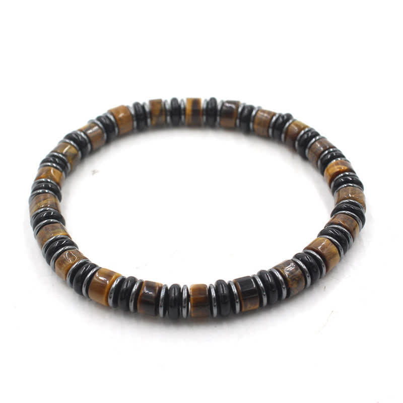 Buddha Stones Bracelet ethnique porte-bonheur en perles plates d'obsidienne noire et d'hématite polies à la main - Œil de tigre (Confiance ♥ Concentration) (Tour de poignet : 15-16 cm) - image 0