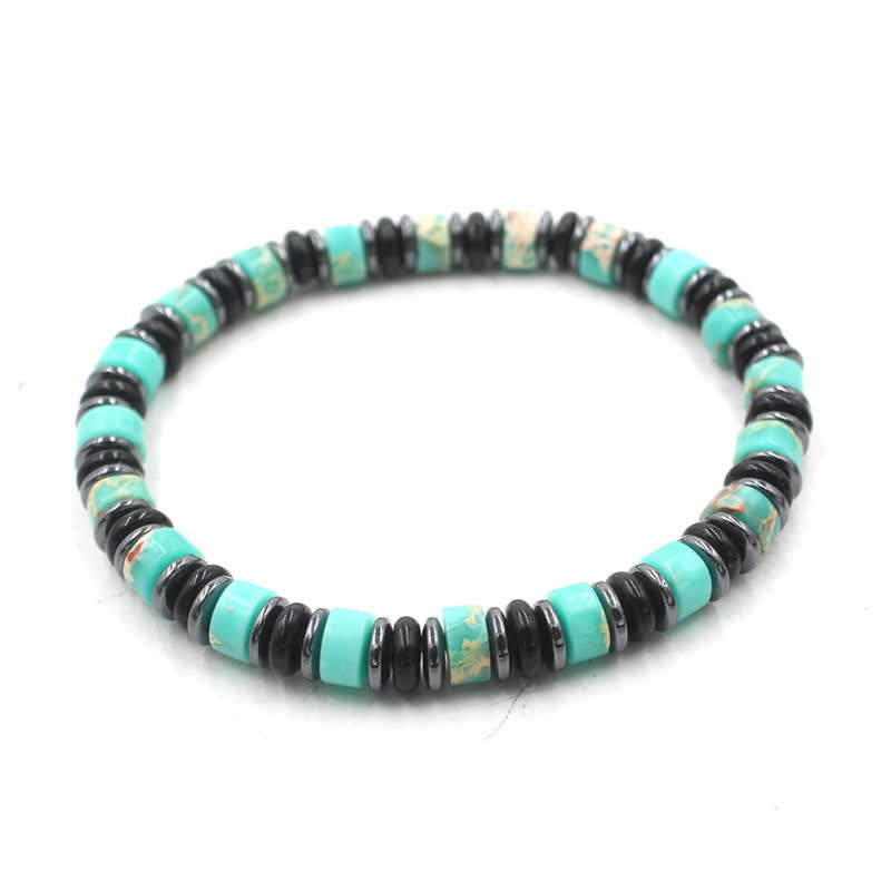 Buddha Stones Bracelet ethnique porte-bonheur en perles plates d'obsidienne noire et d'hématite polies à la main - Turquoise (Protection ♥ Communication) (Tour de poignet : 15-16 cm) - image 4