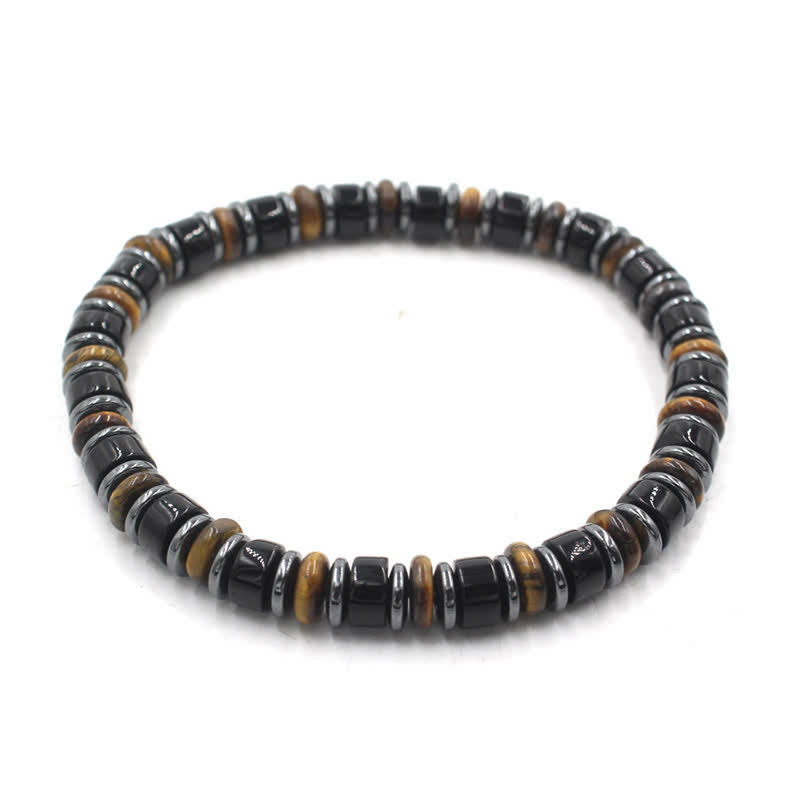 Buddha Stones Bracelet ethnique porte-bonheur en perles plates d'obsidienne noire et d'hématite polies à la main - Obsidienne noire (Protection ♥ Ancrage) (Tour de poignet : 15-16 cm) - image 0