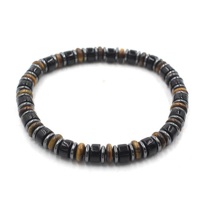 Buddha Stones Bracelet ethnique porte-bonheur en perles plates d'obsidienne noire et d'hématite polies à la main - Obsidienne noire (Protection ♥ Ancrage) (Tour de poignet : 15-16 cm) - image 0