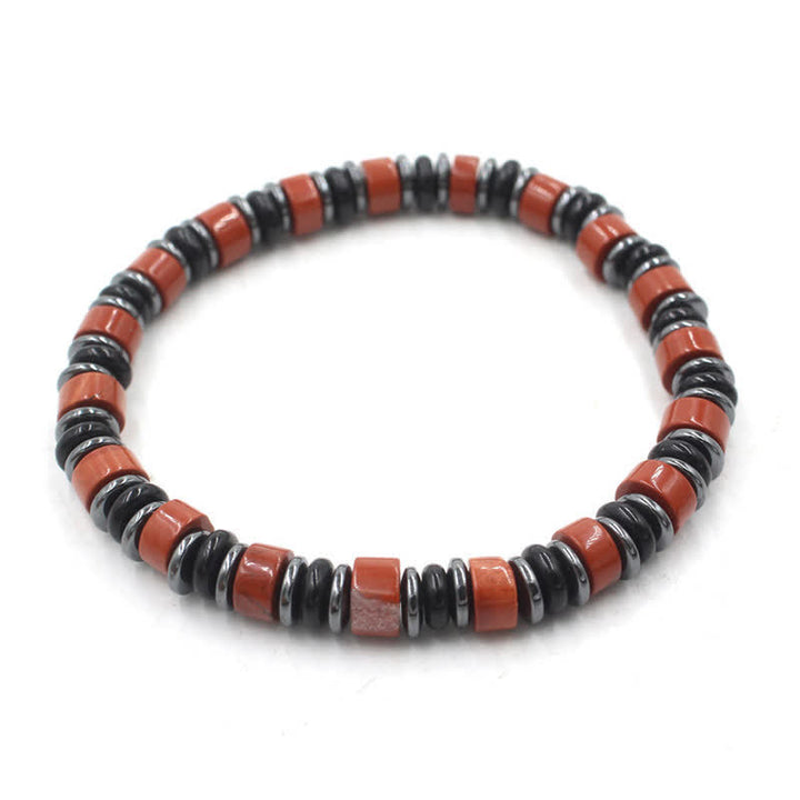 Buddha Stones Bracelet ethnique porte-bonheur en perles plates d'obsidienne noire et d'hématite polies à la main - Jaspe rouge (Protection ♥ Sagesse) (Tour de poignet : 15-16 cm) - image 16