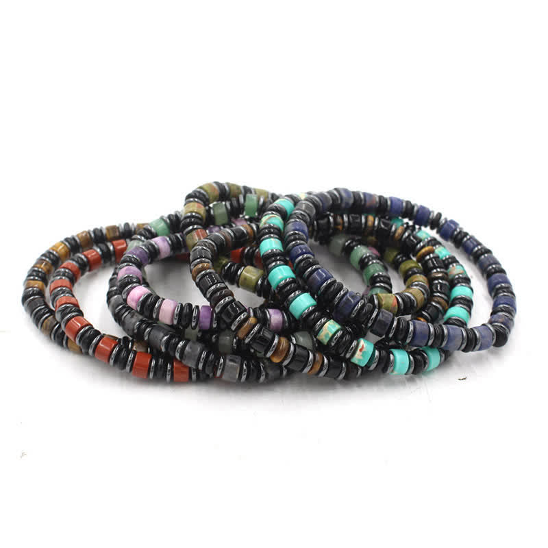 Buddha Stones Bracelet ethnique porte-bonheur en perles plates d'obsidienne noire et d'hématite polies à la main - image 1