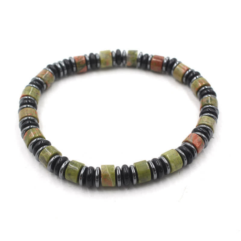 Buddha Stones Bracelet ethnique porte-bonheur en perles plates d'obsidienne noire et d'hématite polies à la main - Unakite (Équilibre ♥ Croissance) (Tour de poignet : 15-16 cm) - image 15