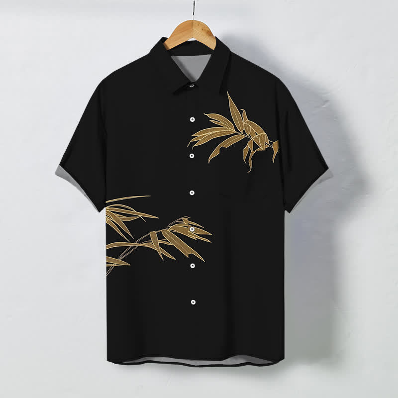 Buddha Stones Chemise à manches courtes respirante pour homme avec boutons à motif de feuilles de bambou dorées - Noir - US/UK/AU48，EU58 (4XL) - image 0