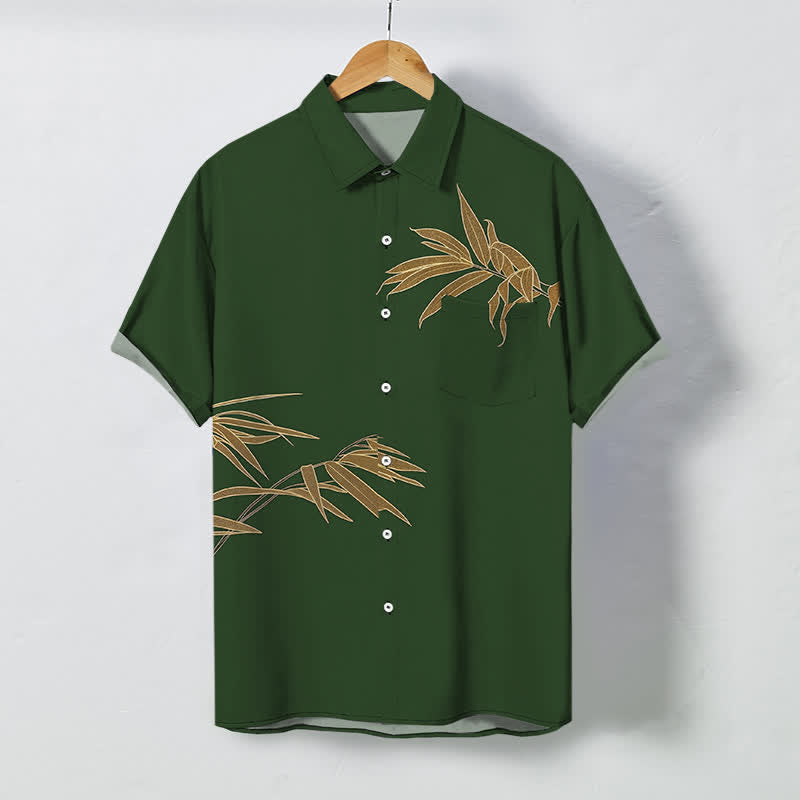 Buddha Stones Chemise à manches courtes respirante pour homme avec boutons à motif de feuilles de bambou dorées - Vert foncé - US/UK/AU48，EU58 (4XL) - image 5