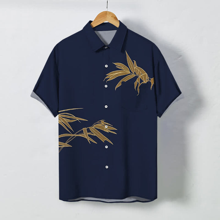 Buddha Stones Chemise à manches courtes respirante pour homme avec boutons à motif de feuilles de bambou dorées - Bleu nuit - US/UK/AU48，EU58 (4XL) - image 7