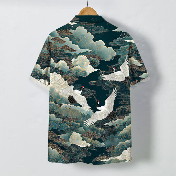 Buddha Stones Chemise à manches courtes respirante pour homme, à boutons et motif de vagues et de nuages, inspirée des grues orientales - image 1