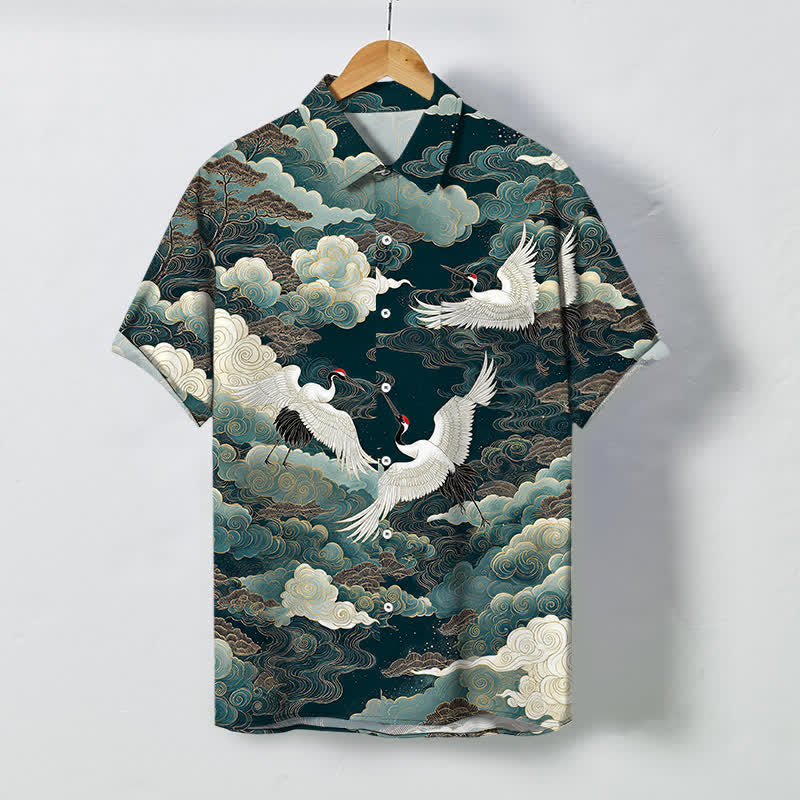 Buddha Stones Chemise à manches courtes respirante pour homme, à boutons et motif de vagues et de nuages, inspirée des grues orientales - Sarcelle - US/UK/AU48，EU58 (4XL) - image 0