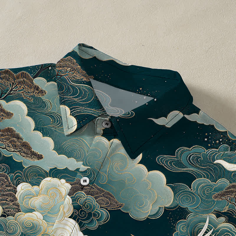 Buddha Stones Chemise à manches courtes respirante pour homme, à boutons et motif de vagues et de nuages, inspirée des grues orientales - image 2