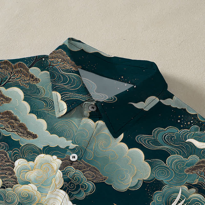 Buddha Stones Chemise à manches courtes respirante pour homme, à boutons et motif de vagues et de nuages, inspirée des grues orientales - image 2