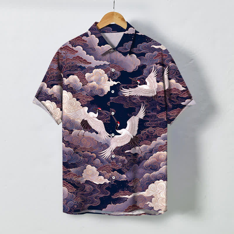 Buddha Stones Chemise à manches courtes respirante pour homme, à boutons et motif de vagues et de nuages, inspirée des grues orientales - Bleu ardoise foncé - US/UK/AU48，EU58 (4XL) - image 5