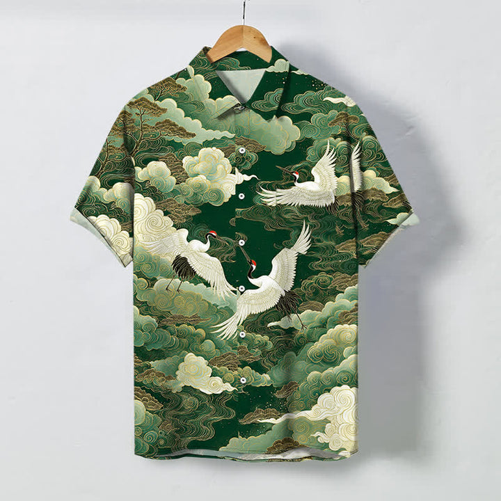 Buddha Stones Chemise à manches courtes respirante pour homme, à boutons et motif de vagues et de nuages, inspirée des grues orientales - Vert forêt - US/UK/AU48，EU58 (4XL) - image 7