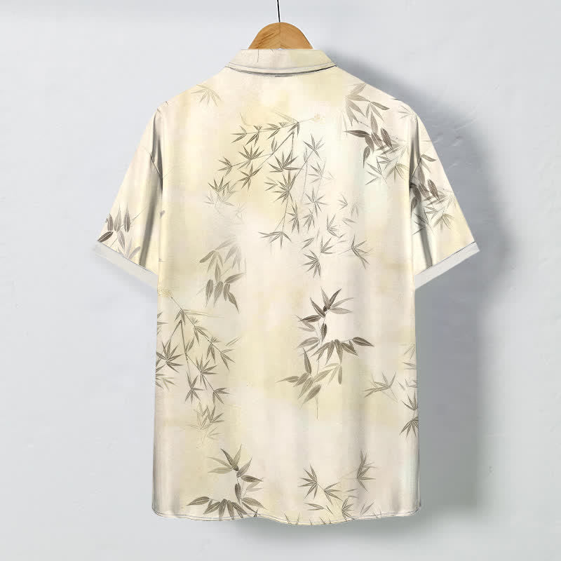 Buddha Stones Chemise à manches courtes pour homme, à boutons à motif de feuilles de bambou, infroissable - image 1