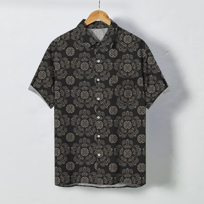 Buddha Stones Chemise à manches courtes respirante pour homme, à boutons et motif géométrique vintage à médaillon - 	Noir - US/UK/AU48，EU58 (4XL) - image 0