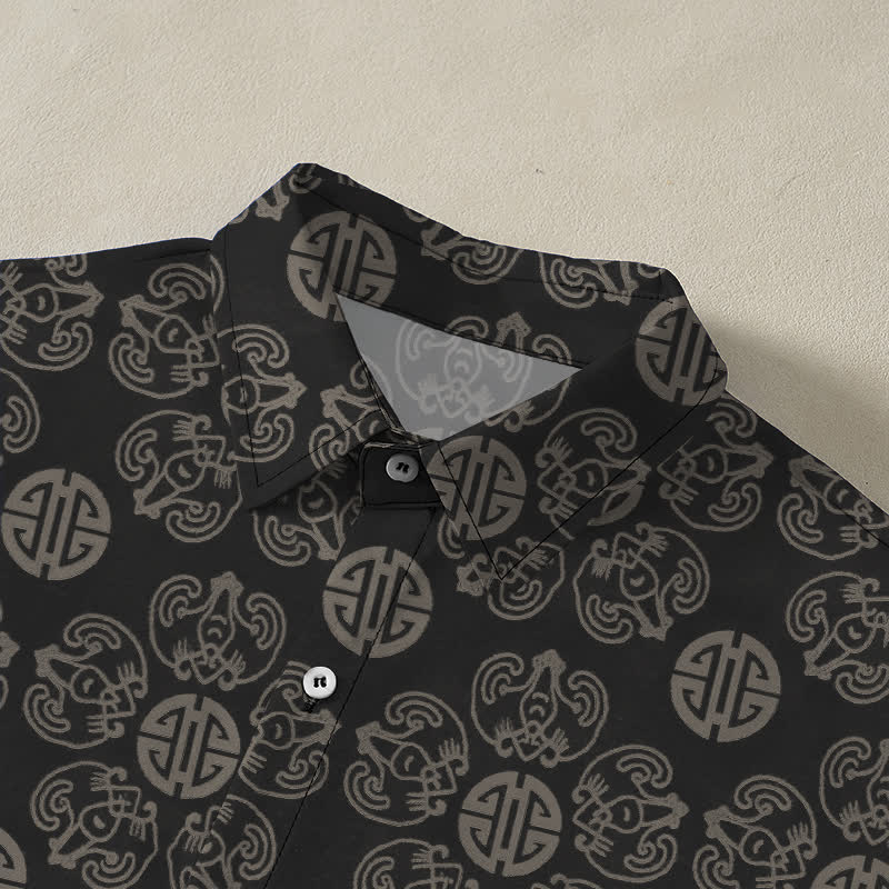 Buddha Stones Chemise à manches courtes respirante pour homme, à boutons et motif géométrique vintage à médaillon - image 4