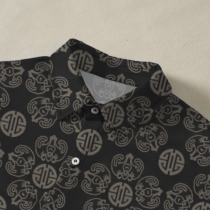 Buddha Stones Chemise à manches courtes respirante pour homme, à boutons et motif géométrique vintage à médaillon - image 4
