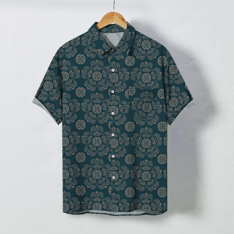 Buddha Stones Chemise à manches courtes respirante pour homme, à boutons et motif géométrique vintage à médaillon - DarkCyan - US/UK/AU48，EU58 (4XL) - image 5