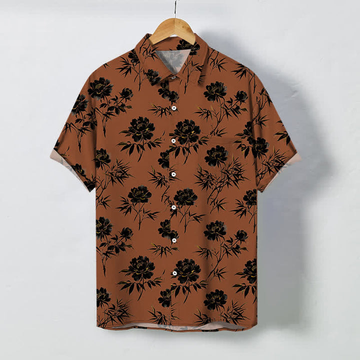 Buddha Stones Chemise à manches courtes respirante pour homme, à boutons et à motif floral tropical - Terre de sienne - US/UK/AU48，EU58 (4XL) - image 0