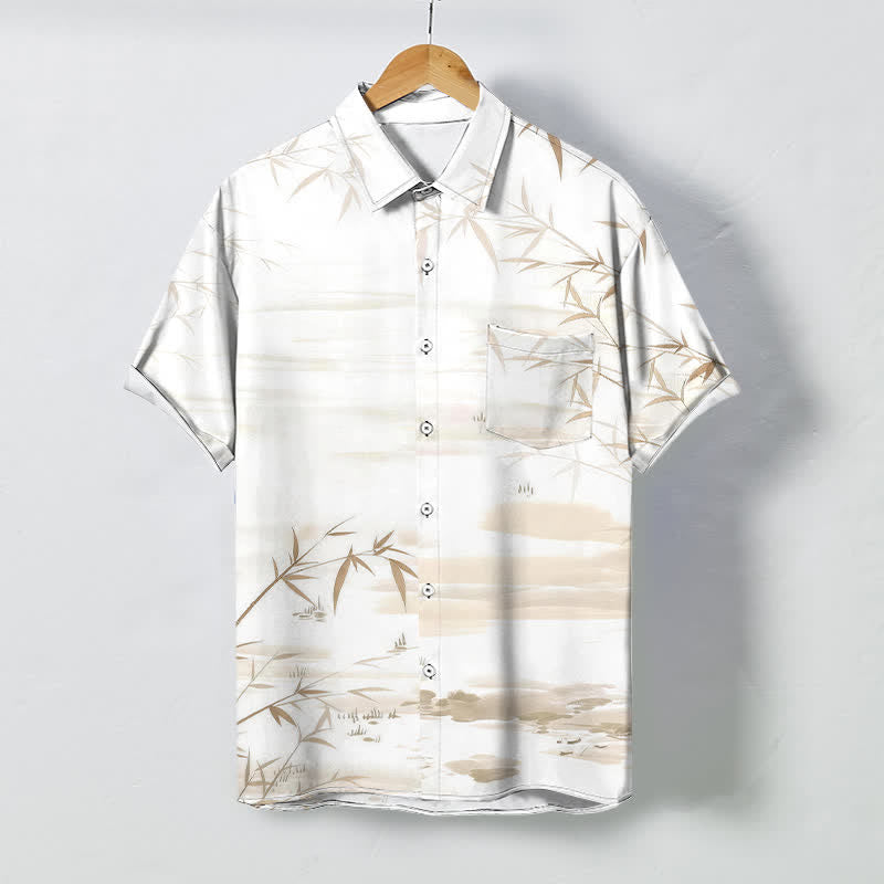 Buddha Stones Chemise à manches courtes pour homme, infroissable, avec boutons à motif paysage de feuilles de bambou. - Blé - US/UK/AU48，EU58 (4XL) - image 0