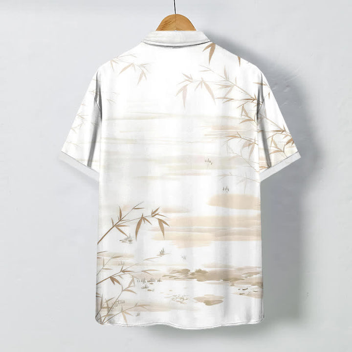 Buddha Stones Chemise à manches courtes pour homme, infroissable, avec boutons à motif paysage de feuilles de bambou. - image 1