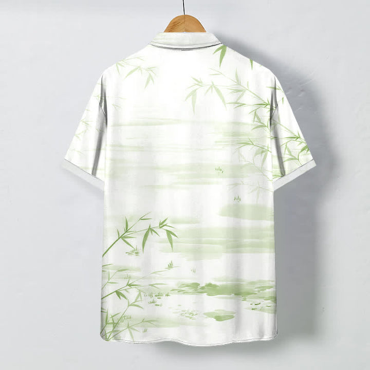 Buddha Stones Chemise à manches courtes pour homme, infroissable, avec boutons à motif paysage de feuilles de bambou. - image 4