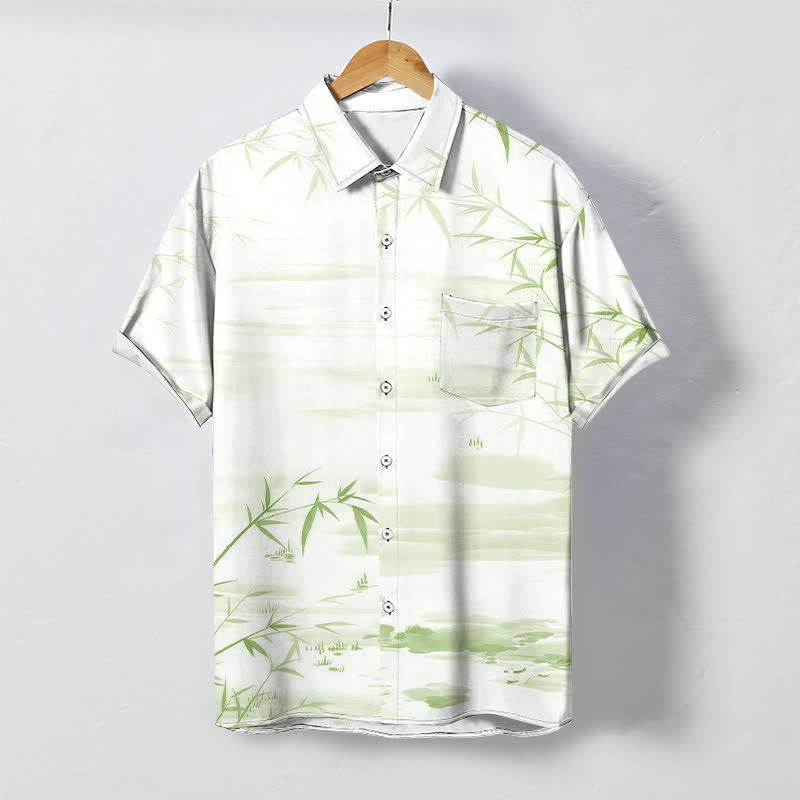 Buddha Stones Chemise à manches courtes pour homme, infroissable, avec boutons à motif paysage de feuilles de bambou. - Vert pâle - US/UK/AU48，EU58 (4XL) - image 3
