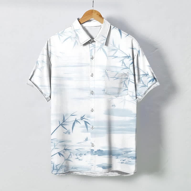 Buddha Stones Chemise à manches courtes pour homme, infroissable, avec boutons à motif paysage de feuilles de bambou. - Cyan clair - US/UK/AU48，EU58 (4XL) - image 5