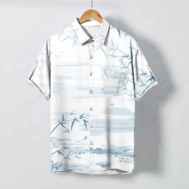 Buddha Stones Chemise à manches courtes pour homme, infroissable, avec boutons à motif paysage de feuilles de bambou. - Cyan clair - US/UK/AU48，EU58 (4XL) - image 5