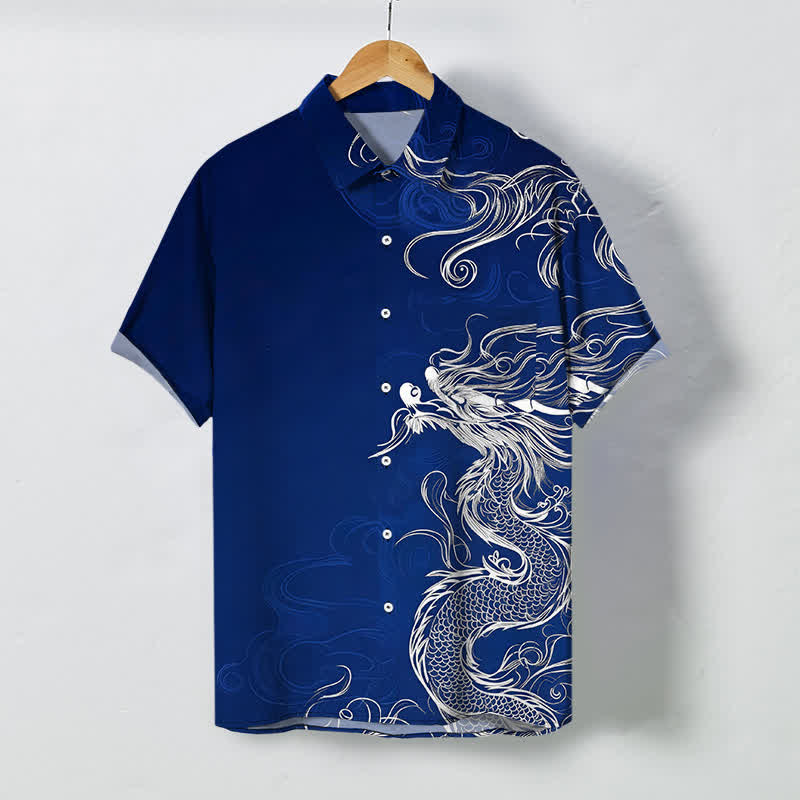 Buddha Stones Chemise à manches courtes pour homme, à boutons à motif de nuage de dragon oriental, infroissable - Bleu foncé - US/UK/AU48，EU58 (4XL) - image 0