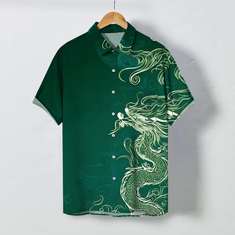 Buddha Stones Chemise à manches courtes pour homme, à boutons à motif de nuage de dragon oriental, infroissable - Vert foncé - US/UK/AU48，EU58 (4XL) - image 5