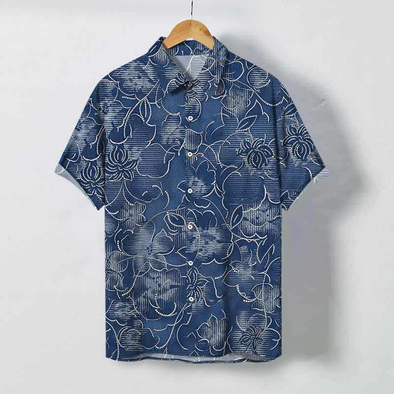 Buddha Stones Chemise homme à manches courtes indigo à boutons à motif floral et vigne, infroissable - Marine - US/UK/AU48，EU58 (4XL) - image 0