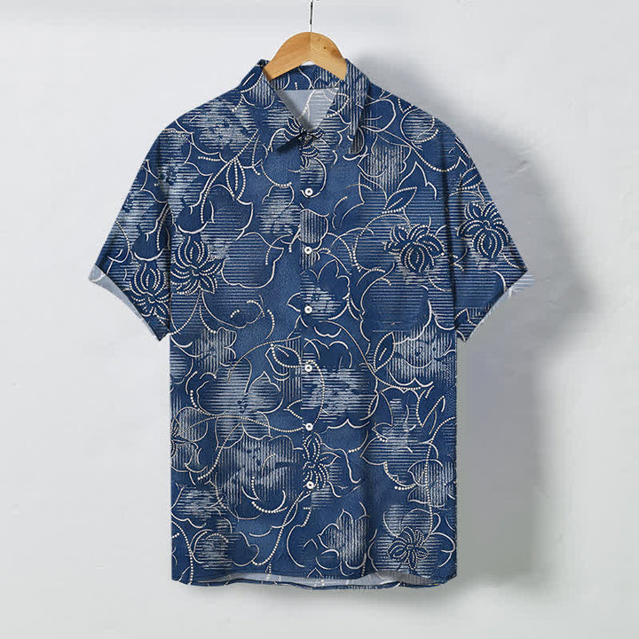 Buddha Stones Chemise homme à manches courtes indigo à boutons à motif floral et vigne, infroissable - Marine - US/UK/AU48，EU58 (4XL) - image 0