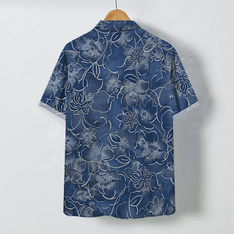 Buddha Stones Chemise homme à manches courtes indigo à boutons à motif floral et vigne, infroissable - image 1