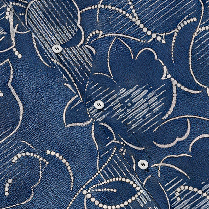 Buddha Stones Chemise homme à manches courtes indigo à boutons à motif floral et vigne, infroissable - image 3