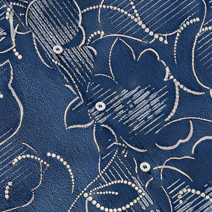 Buddha Stones Chemise homme à manches courtes indigo à boutons à motif floral et vigne, infroissable - image 3