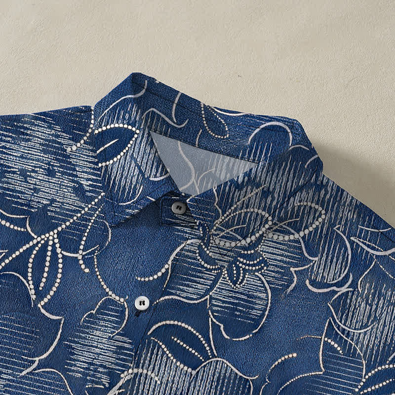 Buddha Stones Chemise homme à manches courtes indigo à boutons à motif floral et vigne, infroissable - image 2