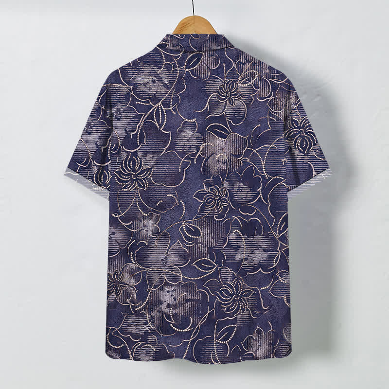 Buddha Stones Chemise homme à manches courtes indigo à boutons à motif floral et vigne, infroissable - image 6