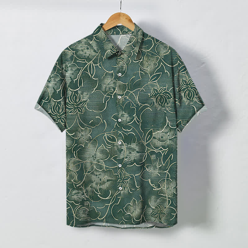 Buddha Stones Chemise homme à manches courtes indigo à boutons à motif floral et vigne, infroissable - Vert olive foncé - US/UK/AU48，EU58 (4XL) - image 7