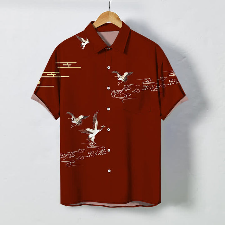 Buddha Stones Chemise à manches courtes pour homme, à boutons et motif de grues et de nuages, infroissable - Bordeaux - US/UK/AU48，EU58 (4XL) - image 0