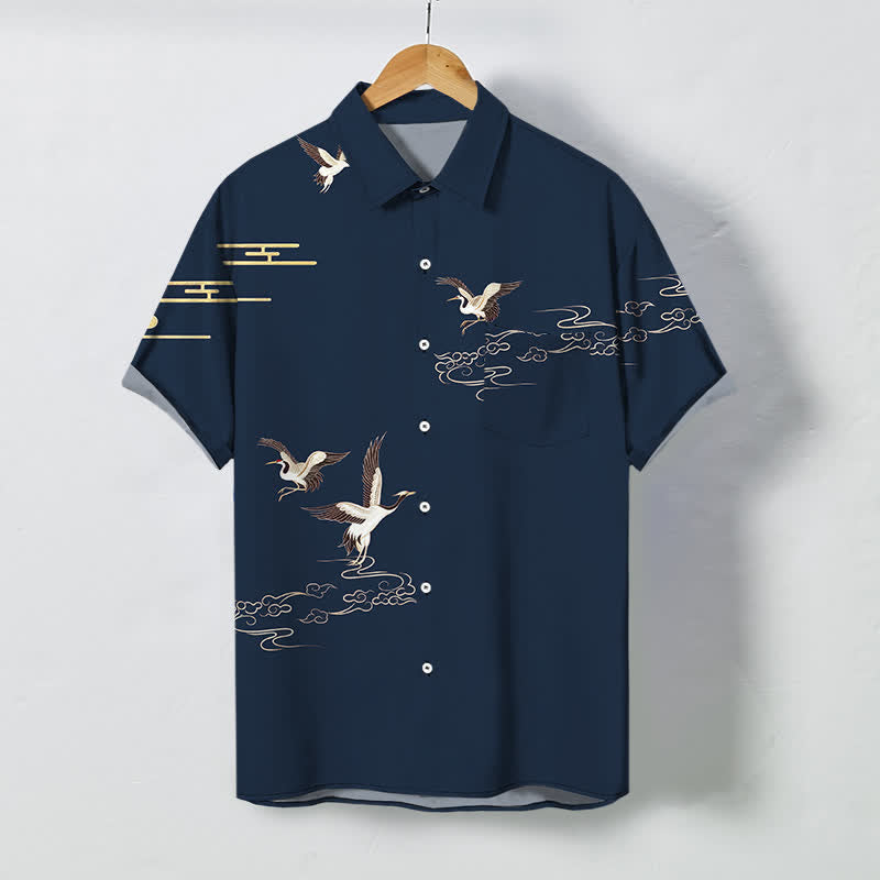 Buddha Stones Chemise à manches courtes pour homme, à boutons et motif de grues et de nuages, infroissable - Marine - US/UK/AU48，EU58 (4XL) - image 5